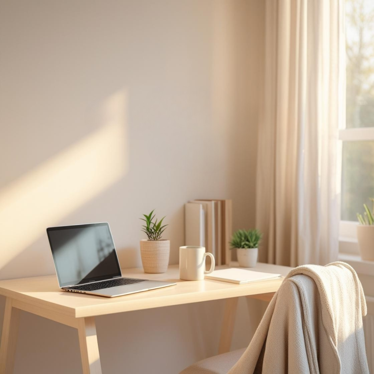 Escritorio ordenado y calido para una terapia online