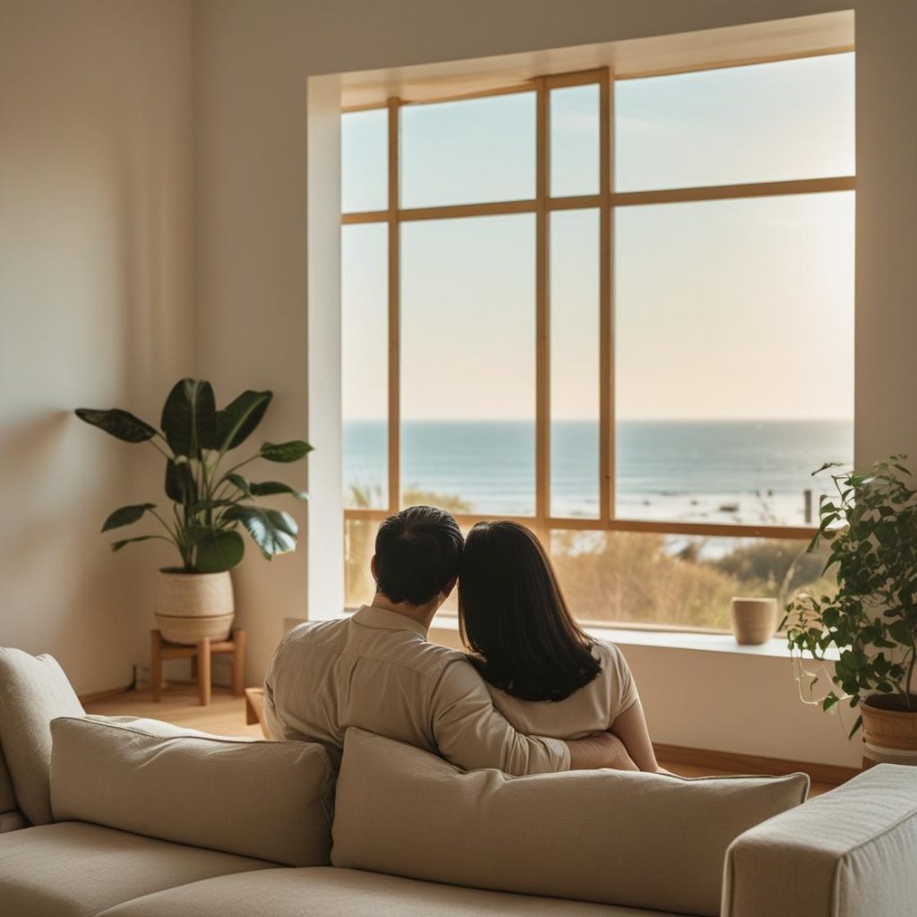 Pareja conversando en sesión de terapia de pareja, ambiente luminoso.